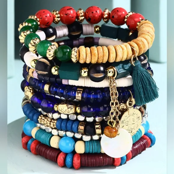3148- Bohemian Multi Color Beaded Stretch Bracelet Set w Charms & Tassel Accent - Picture 2 of 5
